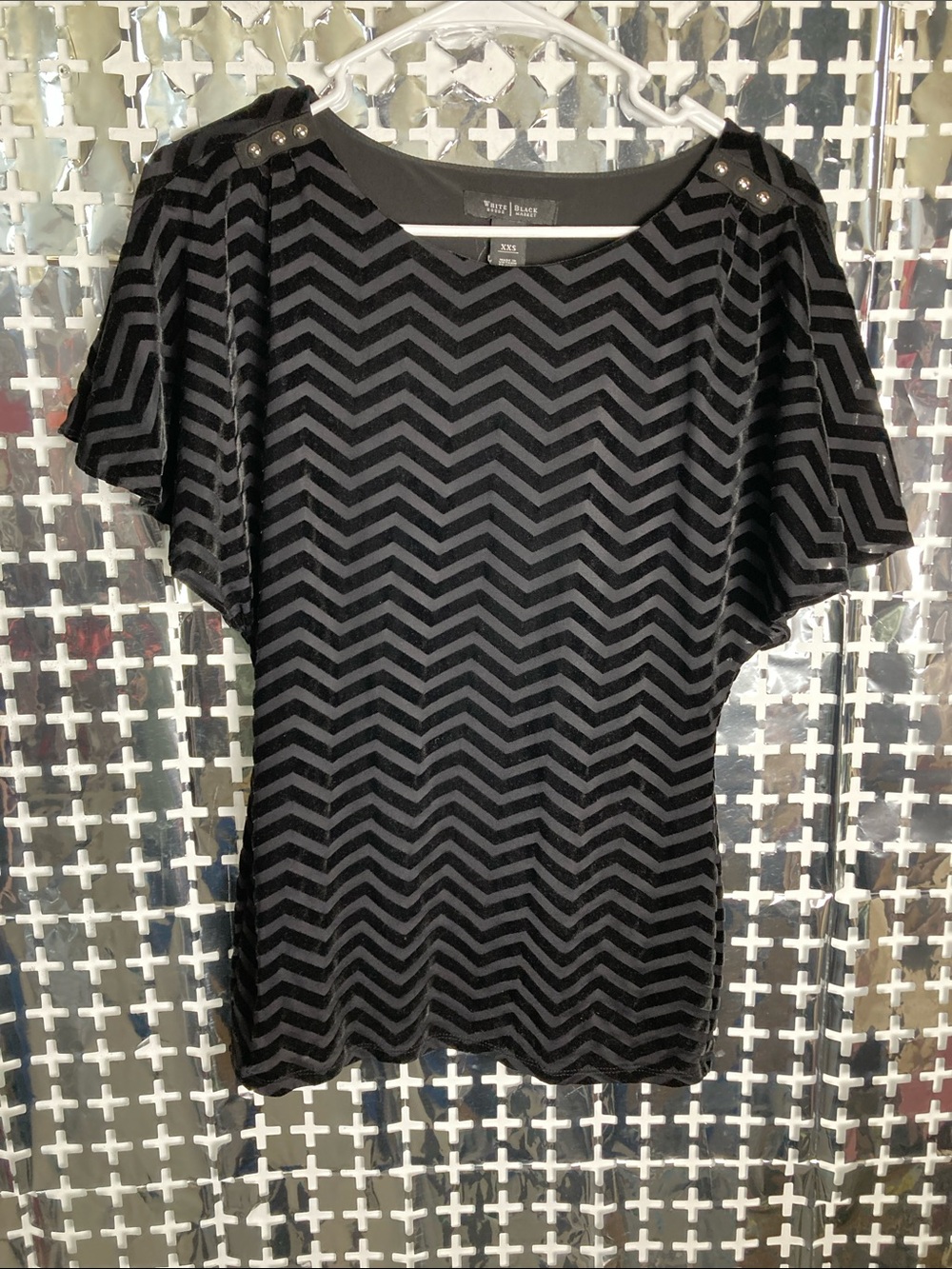 White House Black Market Black Chevron Velvet Short Sleeve Top